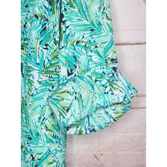 Appleseeds Petites PXL Floral Button Cuff Green Women Full Button Shirt - Picture 3 of 16